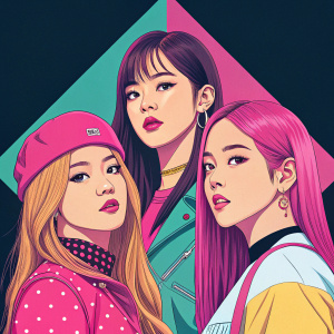 Digital illustration featuring Blackpink in a pop art style. Vibrant color palette, symmetrical composition, dark background, digital art.