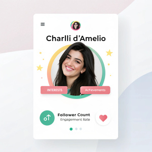 Social media influencer Charli D'Amelio's profile page. Shows her profile picture, bio, and stats including follower count and engagement rate.