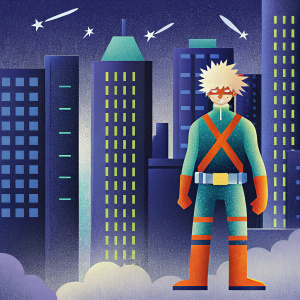 Katsuki Bakugo, from My Hero Academia, standing in a vibrant cityscape. Crowded with towering buildings and flying heroes. Anime-style illustration