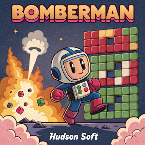 Retro video game cover showcasing Bomberman. Hudson Soft label. Character in explosive action pose, vibrant colors and detailed design. Classic NES game art.