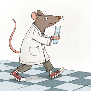 Cartoon lab rat in a lab coat and sneakers, standing on a checkered floor. The rat is determined, with a slight forward lean and transparent test tube in its paw. Background is plain and light-colored.