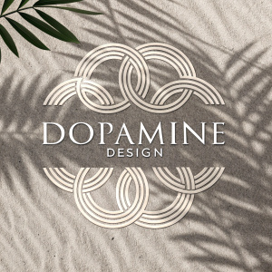 Modern logo for Dopamine Design. Abstract shapes and grayscale colors. Textured background.