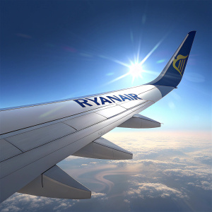 Low angle shot of a jet's wing. Clear blue sky background. Wing bears 'RYANAIR' logo in bold dark blue. Wingtip points towards the sky. Bright sunlight highlights the smooth, well-maintained surface.