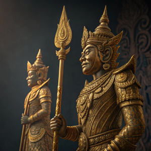 Ancient Thai art depicting mythical creatures from the Ramayana epic. Intricate golden statues adorned with ornate clothing and accessories. Dark background with golden hues