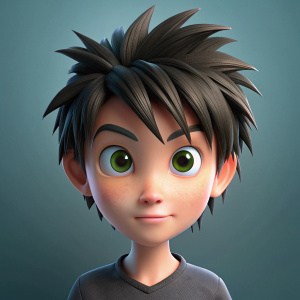 Jovem, avatar, estilo pixar, estilo pixar, 3D, cabelo curto arrepiado, topete, cabelo preto, olhos escuros, usando camiseta preta, visto de frente