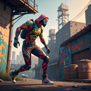 High-energy digital art featuring a Fortnite character. Vibrant abstract skin design, dynamic action pose. Urban backdrop with graffiti and industrial structures. Character in sharp focus, foreground