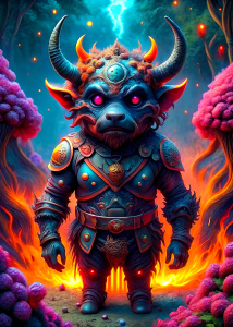 dorohedoro kawaii little  demon bull, ninja body complete , background  forest fire