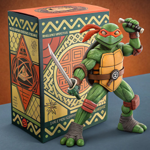 Illustrated packaging design for a collectible action figure. Box features Michelangelo, one of the ninja turtles, in a dynamic pose. Geometric patterns and bold colors. Intended for retail display.