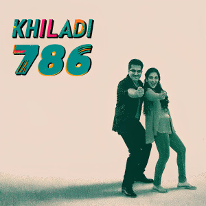 Akshay Kumar and Asin posing for the promotional poster of 'Khiladi 786'. Vibrant background with colorful text logo.