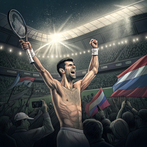 Novak Djokovic, shirtless, celebrating victory in front of packed stadium. Crowd cheering wildly