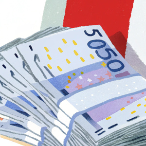 A diverse pile of Euro banknotes featuring denominations from 20 to 500 Euros. Dominated by white hues, with touches of purple, green, yellow, and gold.