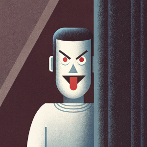 Digital illustration of Hisoka, character from Hunter × Hunter. Angular red face, tongue out, dark maroon background, cartoon style.