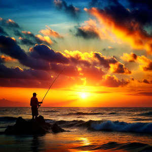 outline of fisherman fishing in the pacific ocean from the shore with a sunset in the background