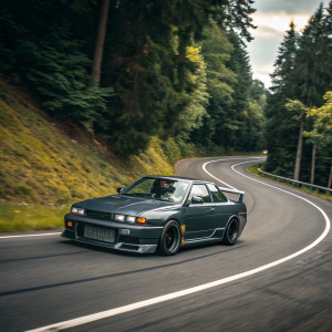 Dark grey Nissan Skyline R32 GT-R racing on a winding mountain road, surrounded by lush greenery.