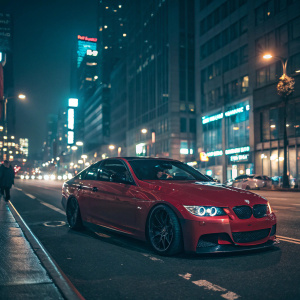 Red BMW 335i parked on a busy city street. Nighttime, neon lights reflecting off the car's sleek surface.
