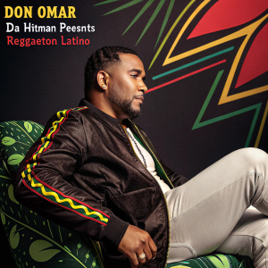 Album cover for Don Omar's 'Da Hitman Presents Reggaeton Latino'. Don Omar in a relaxed yet confident pose, set against a dark background with vibrant, Reggaeton-inspired graphics.
