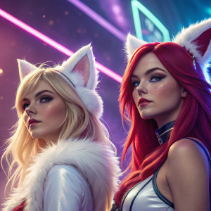Digital artwork featuring League of Legends champions Ahri and Katarina. Ahri with blonde hair, Katarina with red. Both have fluffy white accessories. Vibrant purple and neon background.