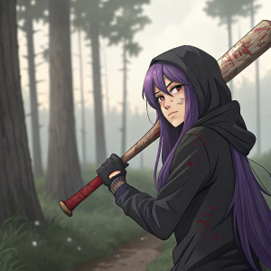 Yumi, an anime girl with long purple hair, wearing a black hoodie, standing in a forest clearing. She grips a baseball bat stained with red. Her face shows fierce determination.