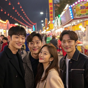 Choi Tae-Joon, Kang So-Ra, Lim Ju-Hwan, Sona, and Kang Byul gather at a bustling street fair, posing for a candid shot amidst vibrant decorations and festival-goers.