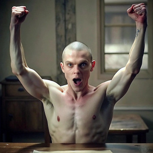 Actor Evan Peters, shirtless, with shaved hair and tattoos, skinny, showing armpits, arms up, boss, looking at the camera, resting his barefoot feet on the table, close-up on the feet
