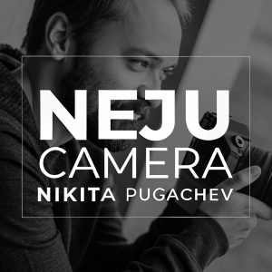 The Neju Camera Nikita Pugachev logo is a sleek design featuring bold black and white sections. It blends modern typography with abstract shapes in a minimalist style.