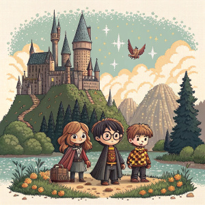 Illustration of Harry Potter series featuring characters and settings in a pixelated style. Limited color palette and simple shapes. Grid-like composition and detailed textures.