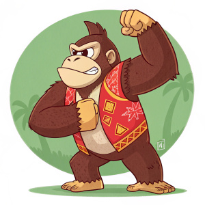 Image of Donkey Kong, the iconic muscular monkey from Nintendo games. Standing tall and fierce in his red, patterned vest. Simple, green backdrop emphasizes his determined pose.
