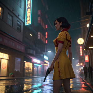 Faye Valentine, from Cowboy Bebop, standing on a rain-soaked street at night. She wears a yellow dress with red accents, holds a pistol. Neon signs and cityscape in the background.