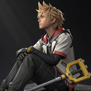 A detailed 3D render of Roxas, a character from Kingdom Hearts. Sitting posture, wielding his weapon. Dark background