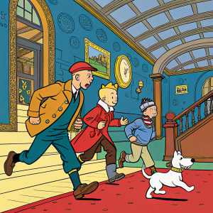 Comic panel featuring Tintin and a group of characters in a vibrant, detailed indoor setting. Bright colors and bold lines emphasize the action. Each figure is uniquely styled, with distinct clothing and accessories. The scene centers on Tintin and friends amidst a classic comic book backdrop.