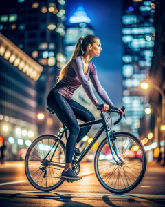 una mujer con ropa de deporte en bicicleta de perfil, cuerpo completo de noche, por la ciudad. con buena definicion de ojos y rostro