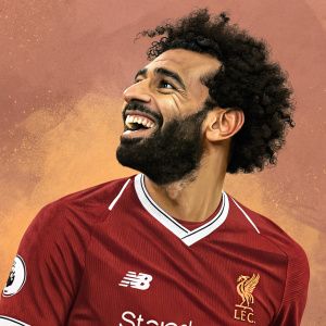Digital portrait of Mohamed Salah, energetic and joyful. Rich, vivid color palette. Wearing a sleek, modern Liverpool FC jersey. Textured, warm-toned background.