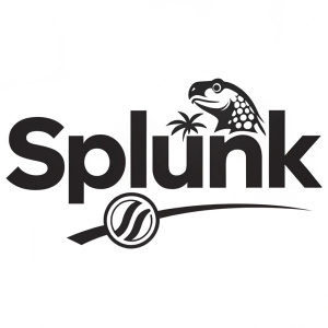 Digital illustration of the Splunk logo. Bold, thick font with the word 'splunk' in all-black. Modern, assertive design. Includes trademark symbol. Straightforward, graphic style.