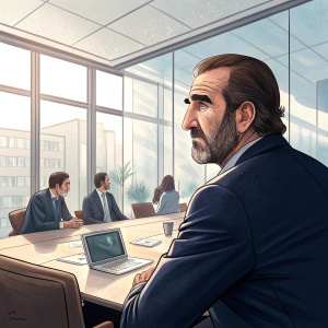 Eric Cantona, former footballer, in a business meeting. Wearing a dark blue suit. Modern office with large windows
