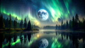  full moon at night, aura northern lights forest  still water dark night black