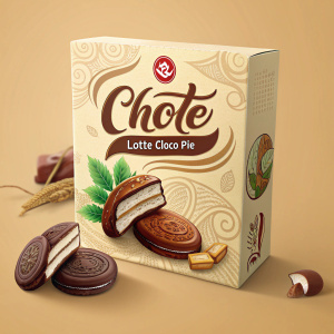 New packaging design for LOTTE CHOCO PIE. Includes rebranded visual identity, innovative flavors, and unique aspects. Presented on a warm beige background for clarity.