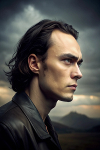 Brandon Lee portrait profile, looking into the camera professional studio lighting in the face of photorealism, gloomy landscape in the background, clouds