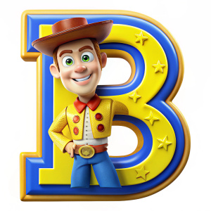 Toy Story font uppercase B Yellow color in the middle, blue color outside the text, Toy Story Sheriff Woody inside, white background