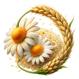 Create an image of a long ear of rice and two realistic chamomile flowers, with a white background