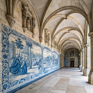 Imposing azulejos tile mural at Lisbon's Jeronimos Monastery. Blue and white hues, detailed patterns, and ornate figures dominate the scene.