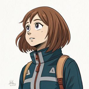 Ochako Uraraka, from My Hero Academia, with brown hair and a determined expression. She is wearing a jacket with a hero emblem. Illustration in a sketch style, highlighting her facial features and clothing details.