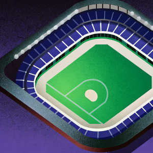 Aerial view of the San Diego Padres stadium, Petco Park. Empty seats surround the baseball diamond. Green outfield, brown infield.