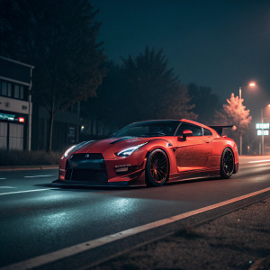 A Nissan GTR wrapped in Rocket Bunny aero kit, glowing in fiery crimson hues, speeds through an empty night street. Dark shadows envelop the surroundings, adding an enigmatic aura.