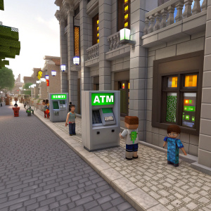 Minecraft snapshot showcasing a bustling virtual street lined with ATM-like machines. Each machine displays the word 'ATM' in vibrant green text. The surroundings are crafted with smooth gray stone blocks, adding a futuristic touch.