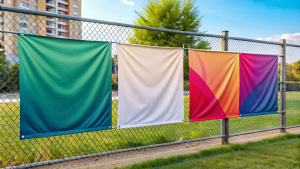 Layered Fabric Banner Mockup, vinyl banners printing, grommet mockup, Corporate outdoor banner, Horizontal Banner Mockup Hanging Outside. Fabric & Scrim Vinyl Banner hanging on the fence.
