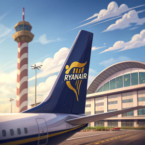 Close-up view of the Ryanair logo on an aircraft tail. The airport terminal and striped guidance pole visible in the background. Clear blue sky with scattered clouds.