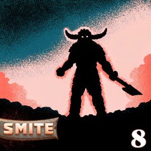 Ymir Cacodemon, a menacing figure from Smite, stands in a fierce pose. He is towering and powerful, adorned with imposing horns and an intimidating expression. The background is dark with vibrant red and purple hues. Smite logo at the bottom, number 8 displayed.