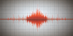 graph with oscillogram of music signal, axis x is time, axis y is level, empty background