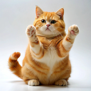 Chubby Orange Cat Clapping: A chubby orange cat clapping its paws together, showcasing its adorable and playful nature, against a white background.