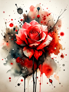 Chinese ink art mixed with red rose paintings, splashes of colored ink, colored stains, black and red tones on the empty space. white background